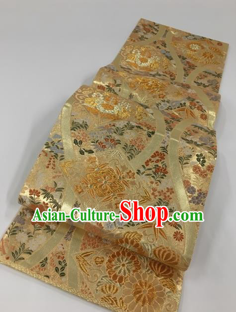 Japanese Kimono Classical Chrysanthemum Pattern Design Golden Brocade Belt Asian Japan Traditional National Yukata Waistband for Women