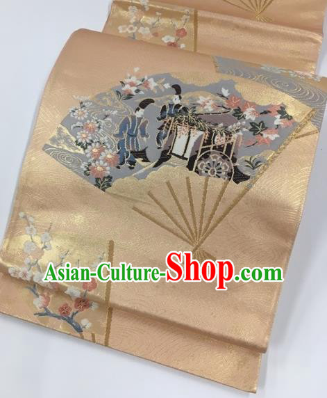 Japanese Kimono Classical Plum Fan Pattern Design Golden Brocade Belt Asian Japan Traditional National Yukata Waistband for Women
