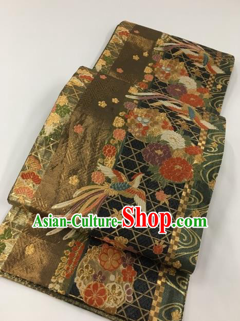 Japanese Kimono Classical Phoenix Peony Pattern Design Brown Brocade Belt Asian Japan Traditional National Yukata Waistband for Women