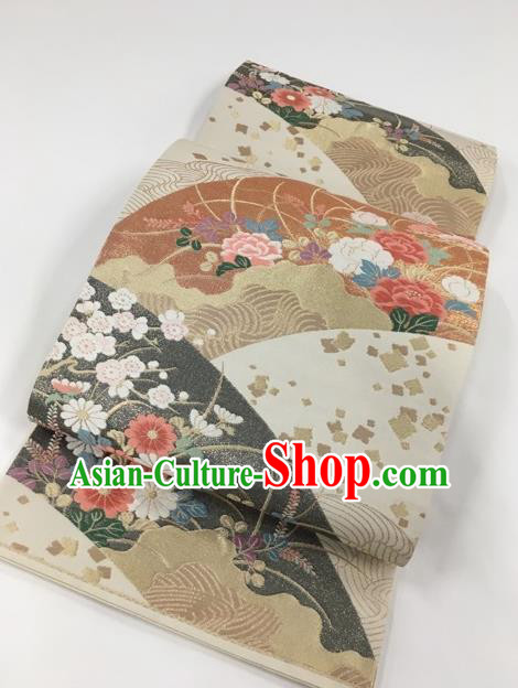 Japanese Kimono Classical Peony Pattern Design Beige Brocade Belt Asian Japan Traditional National Yukata Waistband for Women