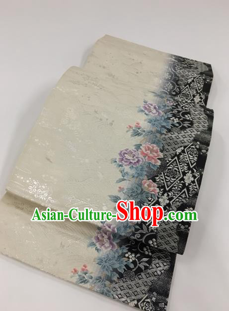 Japanese Kimono Classical Peony Pattern Design White Brocade Belt Asian Japan Traditional National Yukata Waistband for Women