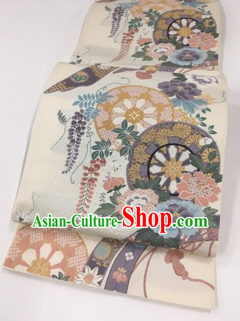 Japanese Kimono Classical Chrysanthemum Pattern White Brocade Belt Asian Japan Traditional National Yukata Waistband for Women