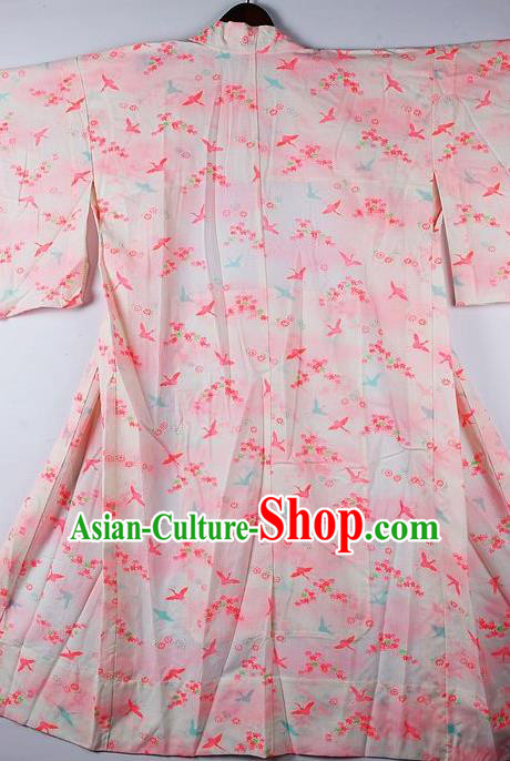 Japanese Traditional Ceremony Costume Printing Cranes Pink Furisode Kimono Asian Japan National Yukata Dress for Women