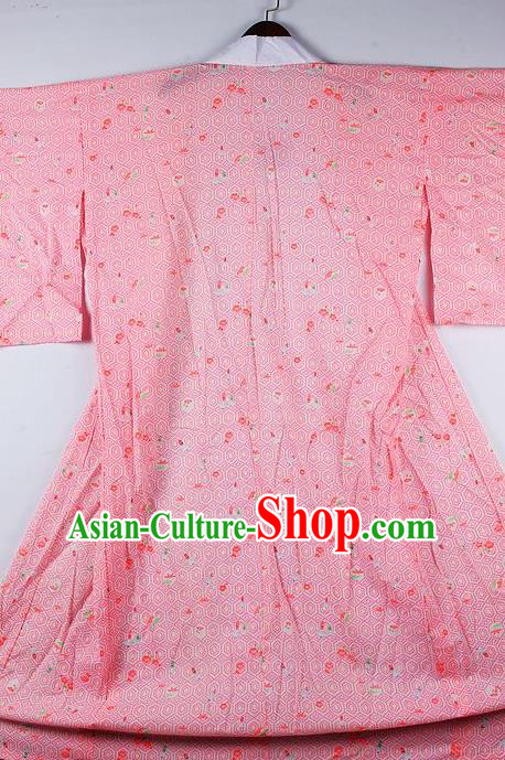 Japanese Traditional Ceremony Costume Printing Flowers Pink Furisode Kimono Asian Japan National Yukata Dress for Women