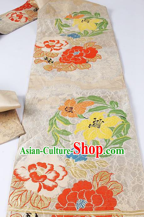 Japanese Kimono Classical Round Peony Pattern Design White Brocade Belt Asian Japan Traditional National Yukata Waistband for Women