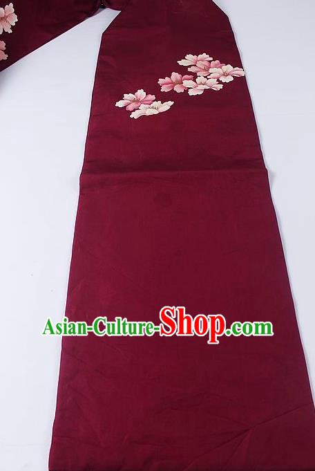 Japanese Ceremony Kimono Classical Flowers Pattern Design Wine Red Brocade Belt Asian Japan Traditional Yukata Waistband for Women