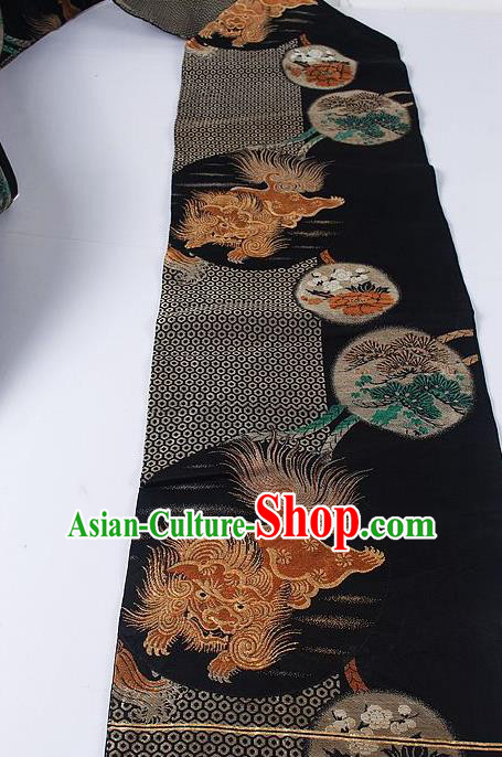 Japanese Ceremony Kimono Classical Lion Pattern Design Black Brocade Belt Asian Japan Traditional Yukata Waistband for Women