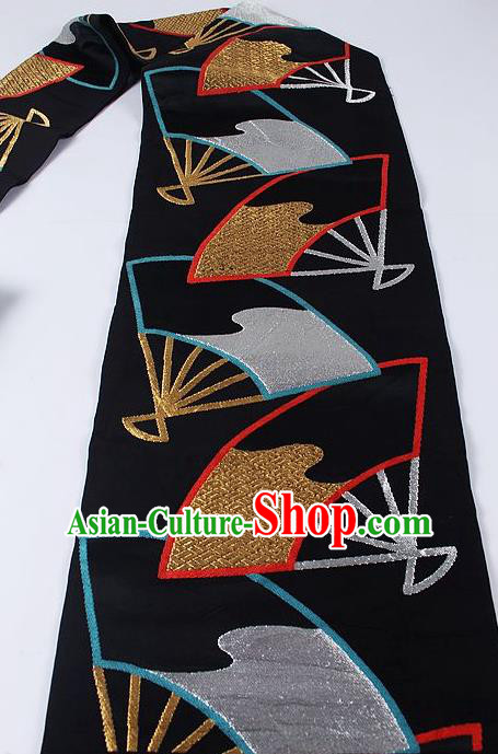 Japanese Ceremony Kimono Classical Fans Pattern Design Black Brocade Belt Asian Japan Traditional Yukata Waistband for Women