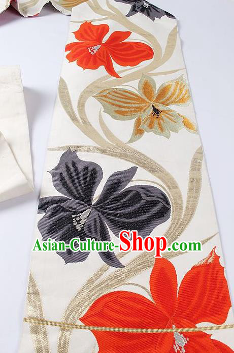 Japanese Ceremony Kimono Classical Lily Flowers Pattern Design White Brocade Belt Asian Japan Traditional Yukata Waistband for Women