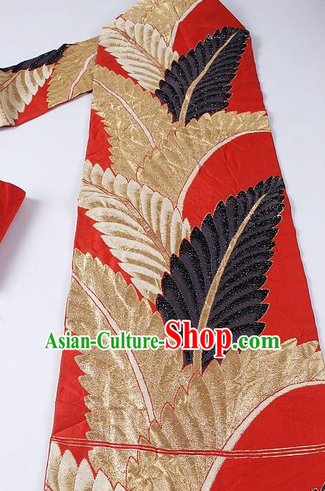 Japanese Kimono Classical Leaf Pattern Design Red Brocade Belt Asian Japan Traditional National Yukata Waistband for Women