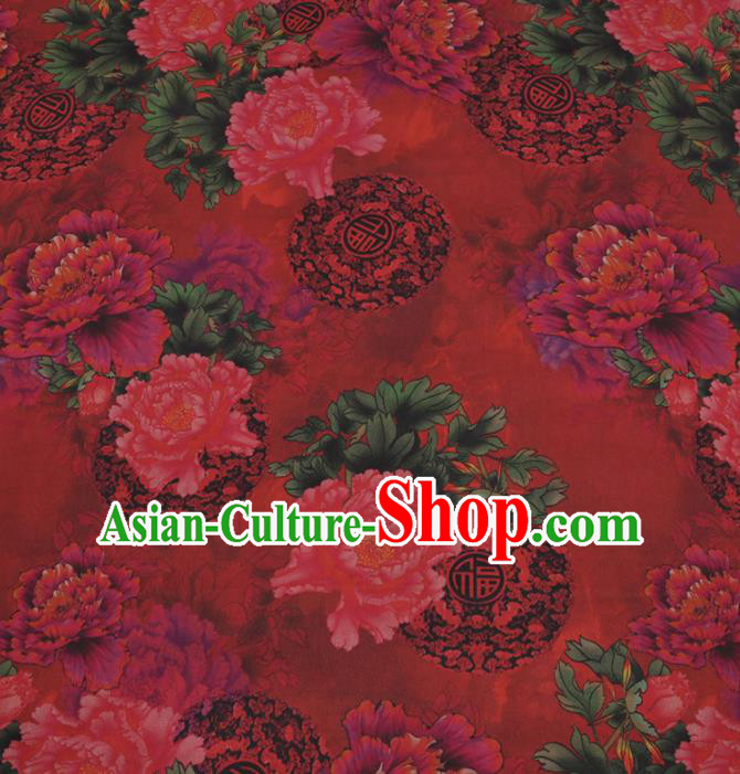 Traditional Chinese Red Gambiered Guangdong Gauze Silk Fabric Classical Peony Pattern Design Brocade Fabric Asian Satin Material