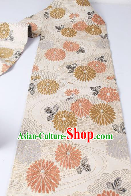 Japanese Kimono Classical Chrysanthemum Pattern Design Beige Brocade Belt Asian Japan Traditional National Yukata Waistband for Women