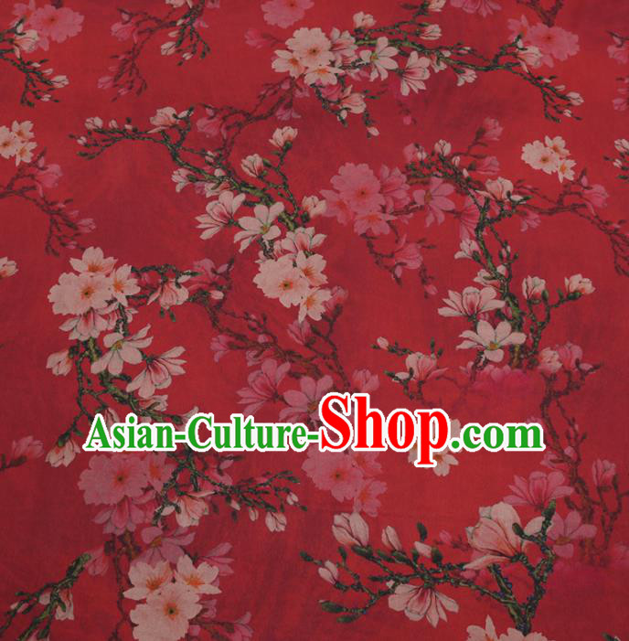 Traditional Chinese Red Gambiered Guangdong Gauze Classical Pear Flowers Pattern Design Silk Fabric