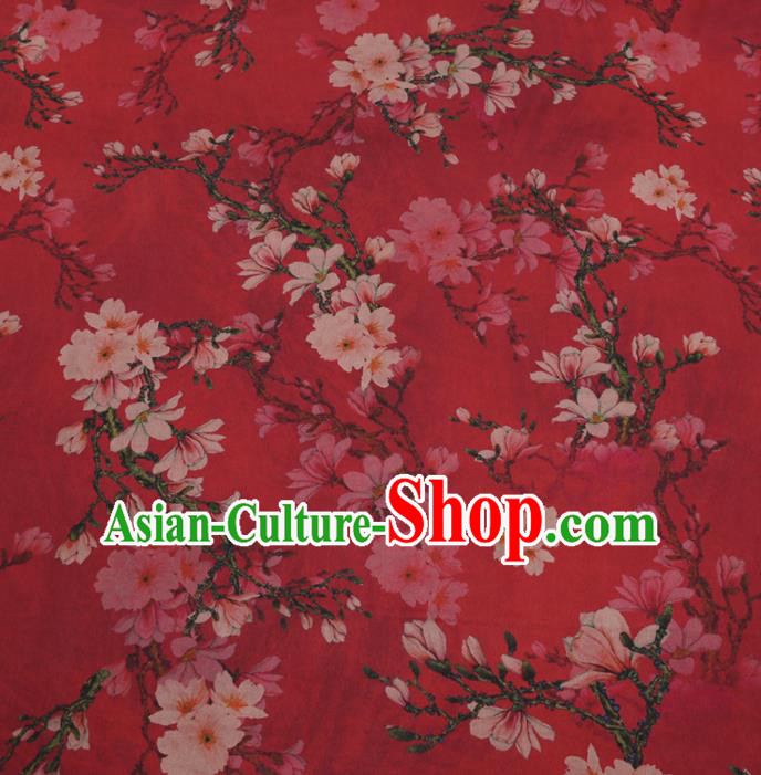 Traditional Chinese Red Gambiered Guangdong Gauze Classical Pear Flowers Pattern Design Silk Fabric