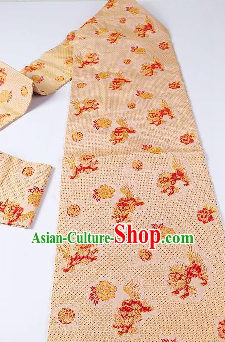 Japanese Kimono Classical Lions Pattern Design Champagne Brocade Belt Asian Japan Traditional National Yukata Waistband for Women