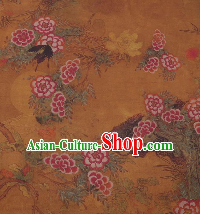 Traditional Chinese Yellow Gambiered Guangdong Gauze Classical Peony Butterfly Pattern Design Silk Fabric