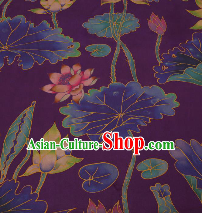 Traditional Chinese Purple Gambiered Guangdong Gauze Classical Lotus Pattern Design Silk Fabric