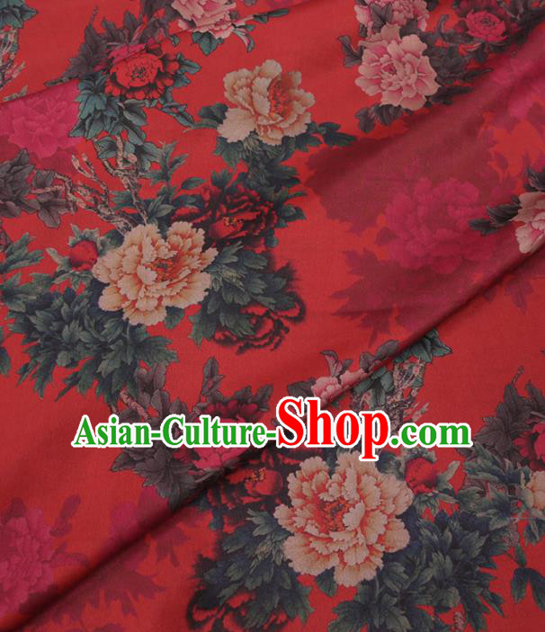 Traditional Chinese Red Gambiered Guangdong Gauze Classical Peony Pattern Design Silk Fabric