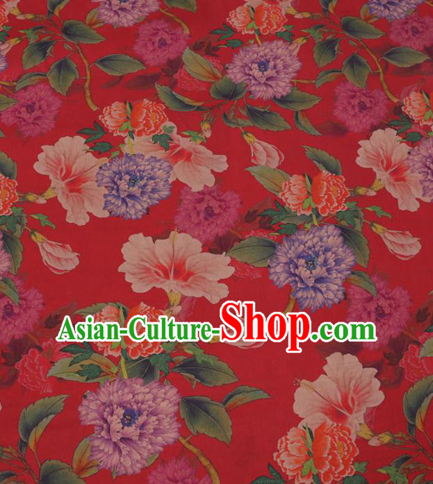 Traditional Chinese Classical Peony Pattern Design Red Gambiered Guangdong Gauze Asian Brocade Silk Fabric