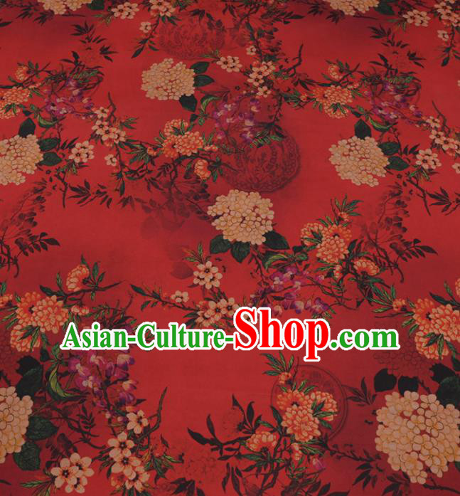 Traditional Chinese Classical Hydrangea Pattern Design Red Gambiered Guangdong Gauze Asian Brocade Silk Fabric