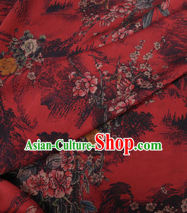 Traditional Chinese Classical Plum Blossom Pattern Design Red Gambiered Guangdong Gauze Asian Brocade Silk Fabric