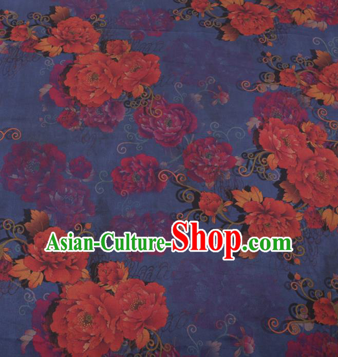 Traditional Chinese Classical Peony Flowers Pattern Design Navy Gambiered Guangdong Gauze Asian Brocade Silk Fabric