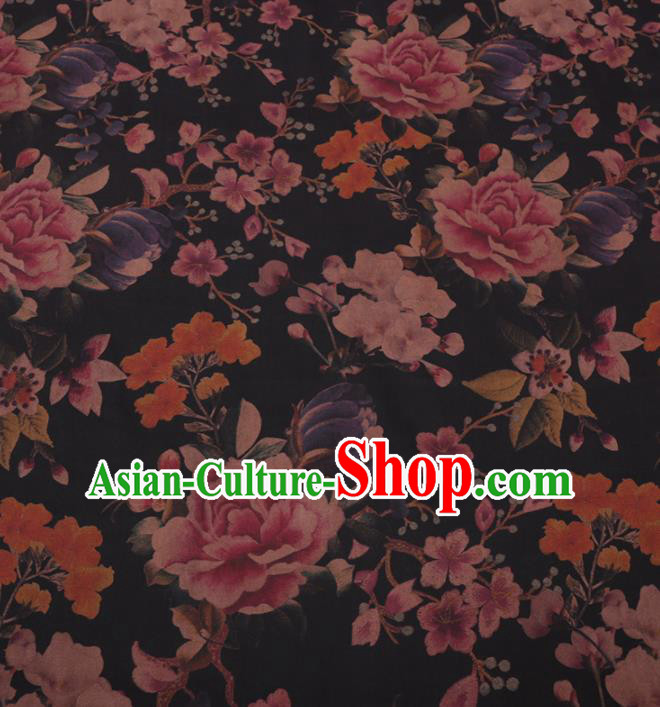 Traditional Chinese Classical Peony Pattern Design Black Gambiered Guangdong Gauze Asian Brocade Silk Fabric