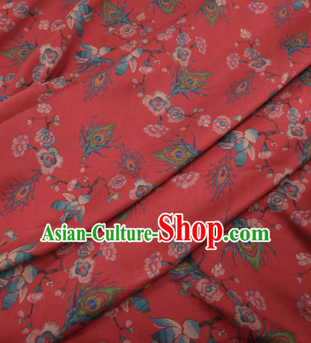 Traditional Chinese Classical Feather Pattern Design Red Gambiered Guangdong Gauze Asian Brocade Silk Fabric