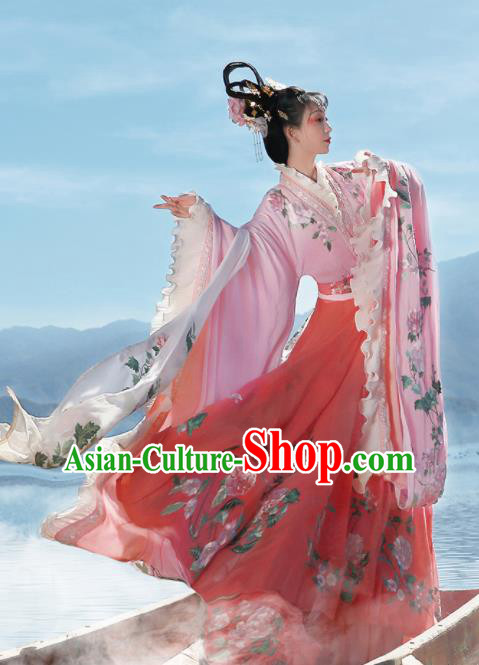 Ancient Chinese Legend Goddess Peony Pink Hanfu Dress Traditional Jin Dynasty Imperial Consort Embroidered Replica Costume for Women