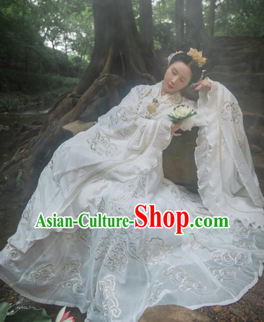 Ancient Chinese Mythology Goddess White Embroidered Hanfu Dress Traditional Jin Dynasty Imperial Consort Replica Costume for Women
