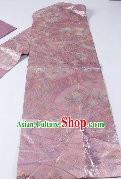 Japanese Ceremony Kimono Classical Orchid Fan Pattern Design Pink Brocade Belt Asian Japan Traditional Yukata Waistband for Women