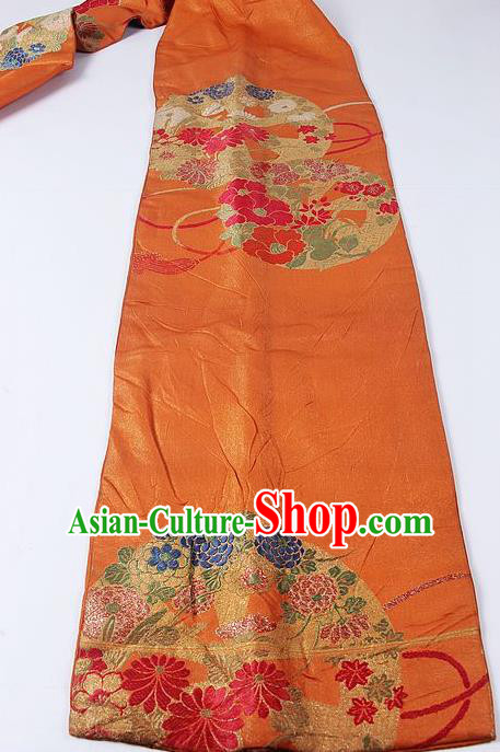 Japanese Ceremony Kimono Classical Chrysanthemum Peony Pattern Orange Brocade Belt Asian Japan Traditional Yukata Waistband for Women