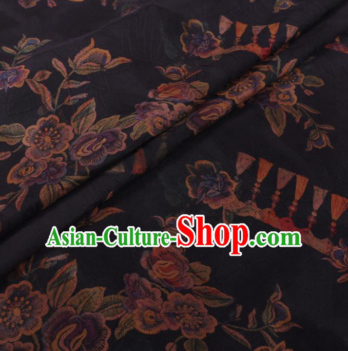 Traditional Chinese Classical Peach Flowers Pattern Design Navy Gambiered Guangdong Gauze Asian Brocade Silk Fabric