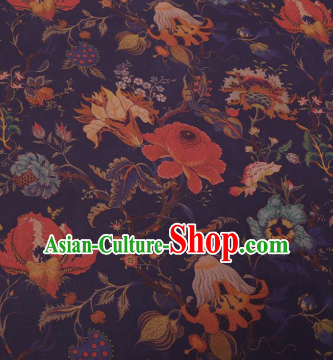 Traditional Chinese Classical Flowers Pattern Design Navy Gambiered Guangdong Gauze Asian Brocade Silk Fabric