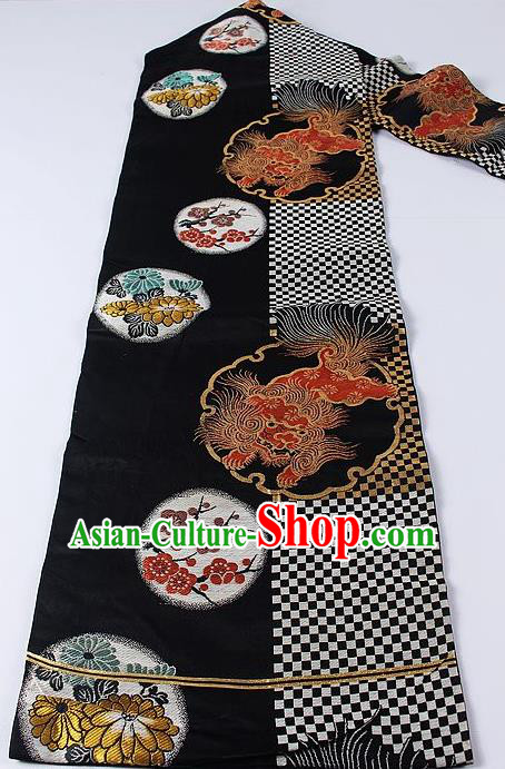 Japanese Kimono Accessories Classical Lion Plum Pattern Black Belt Asian Japan Traditional Ceremony Yukata Waistband for Women