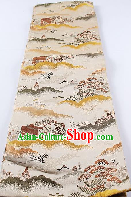 Japanese Kimono Accessories Classical Pine Crane Pattern White Belt Asian Japan Traditional Ceremony Yukata Waistband for Women