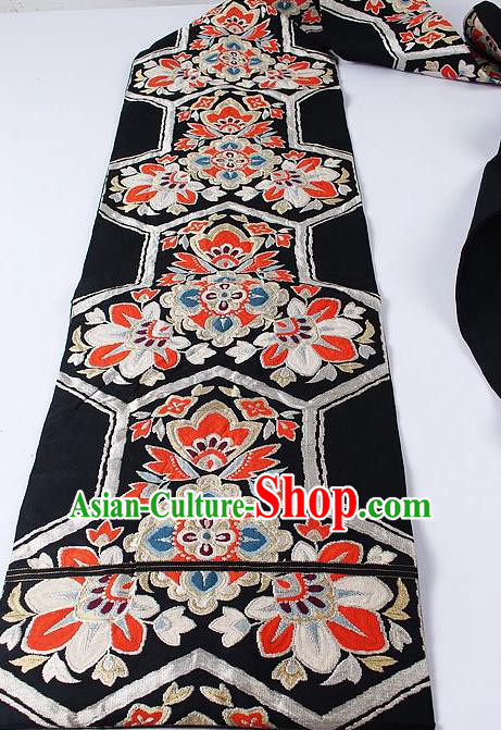 Japanese Ceremony Kimono Classical Flowers Pattern Black Belt Asian Japan Traditional Yukata Waistband for Women