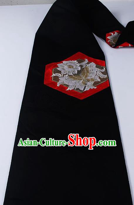 Japanese Kimono Accessories Classical Peony Pattern Black Belt Asian Japan Traditional Ceremony Yukata Waistband for Women