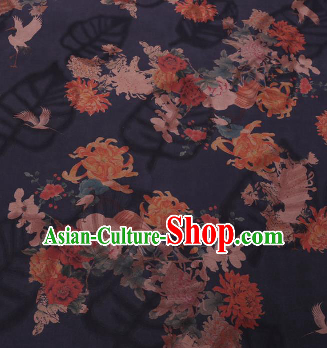 Traditional Chinese Classical Chrysanthemum Peony Pattern Design Navy Gambiered Guangdong Gauze Asian Brocade Silk Fabric