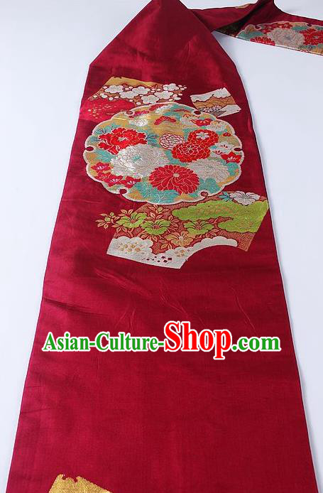 Japanese Traditional Yukata Accessories Classical Chrysanthemum Peony Pattern Wine Red Brocade Belt Asian Japan Kimono Waistband for Women