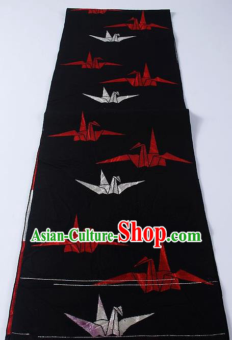 Japanese Traditional Yukata Accessories Classical Paper Crane Pattern Black Brocade Belt Asian Japan Kimono Waistband for Women