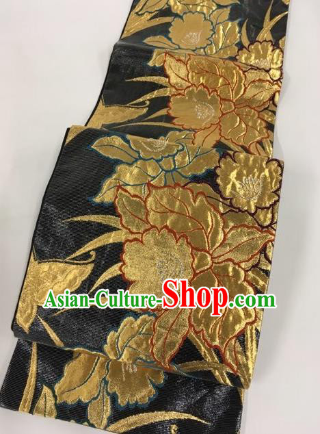 Japanese Traditional Yukata Accessories Classical Peony Pattern Black Brocade Belt Asian Japan Kimono Waistband for Women