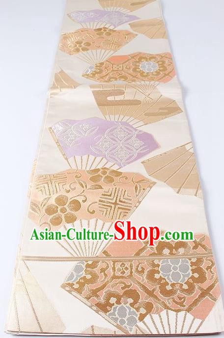 Japanese Kimono Accessories Classical Fan Pattern Beige Belt Asian Japan Traditional Ceremony Yukata Waistband for Women