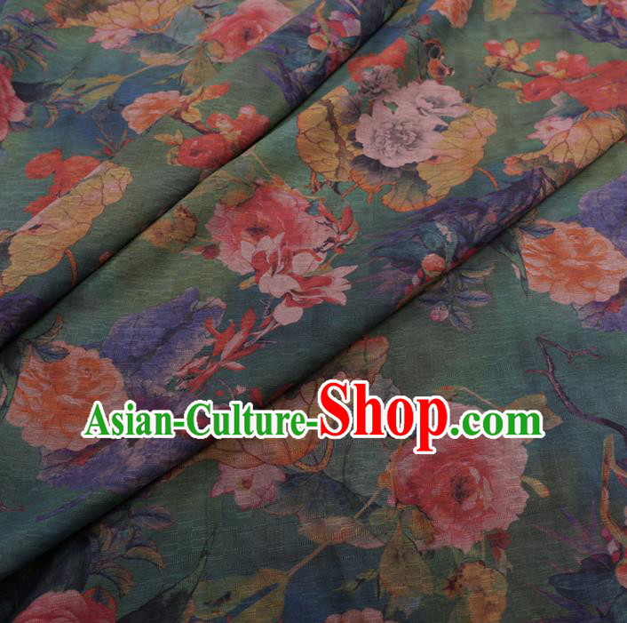 Traditional Chinese Classical Camellia Pattern Design Green Gambiered Guangdong Gauze Asian Brocade Silk Fabric