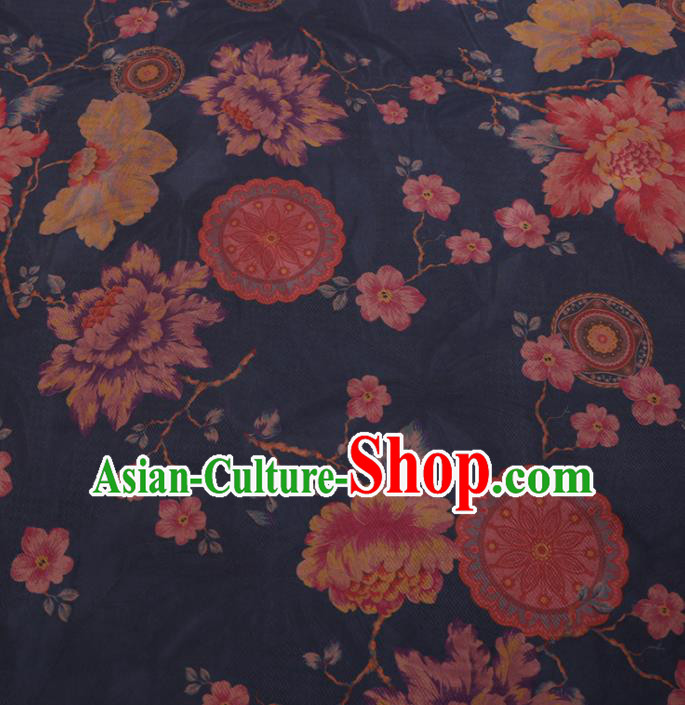 Traditional Chinese Classical Peony Pattern Design Navy Gambiered Guangdong Gauze Asian Brocade Silk Fabric