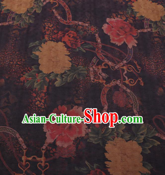 Traditional Chinese Classical Peony Pattern Design Brown Gambiered Guangdong Gauze Asian Brocade Silk Fabric