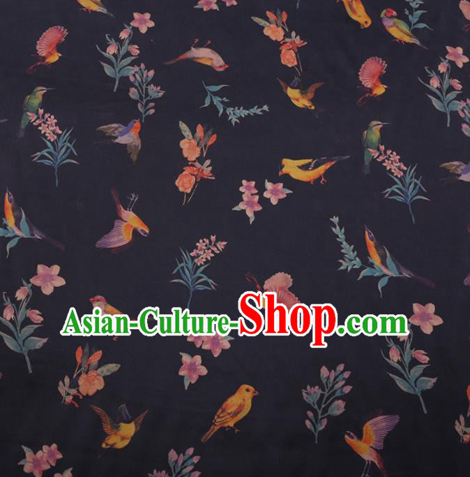 Traditional Chinese Classical Birds Pattern Design Black Gambiered Guangdong Gauze Asian Brocade Silk Fabric