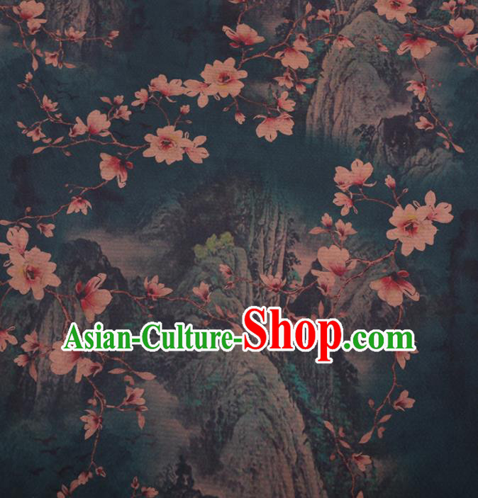 Traditional Chinese Classical Magnolia Pattern Design Dark Green Gambiered Guangdong Gauze Asian Brocade Silk Fabric