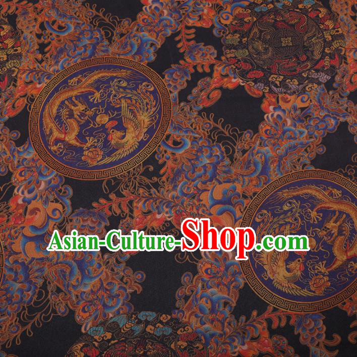 Traditional Chinese Classical Dragon Phoenix Pattern Design Black Gambiered Guangdong Gauze Asian Brocade Silk Fabric