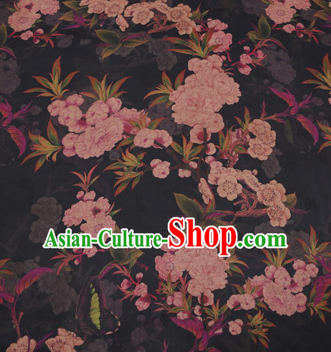 Traditional Chinese Classical Peach Blossom Pattern Design Black Gambiered Guangdong Gauze Asian Brocade Silk Fabric